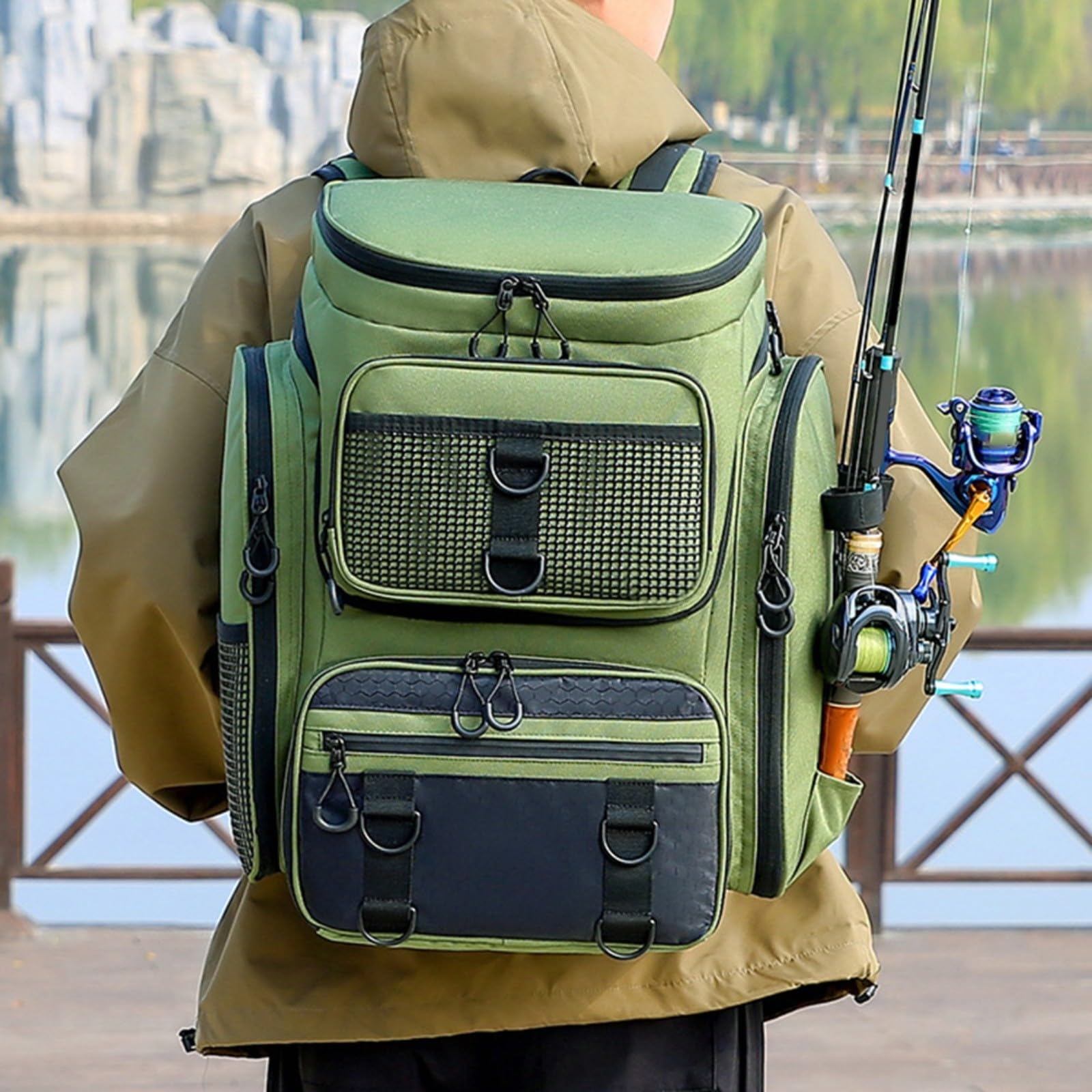 Zaino da pesca di grande capacità con supporti per canne, impermeabile, in tessuto Oxford, multi scomparto, per campeggio, escursionismo, viaggi (verde)