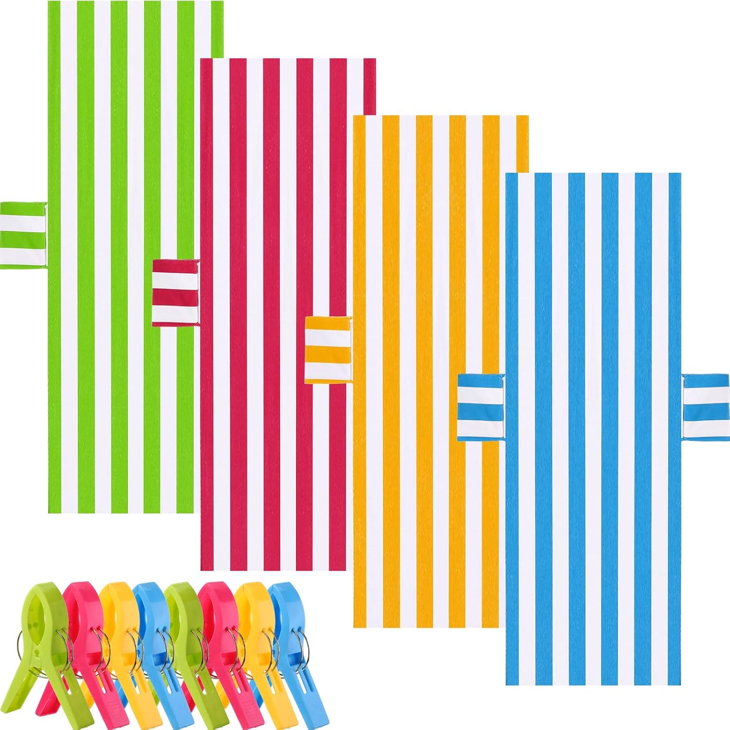 4 Pack Pool Chair Towels Cover with 8 Clips Oversized Stripe Beach Chaise Covers