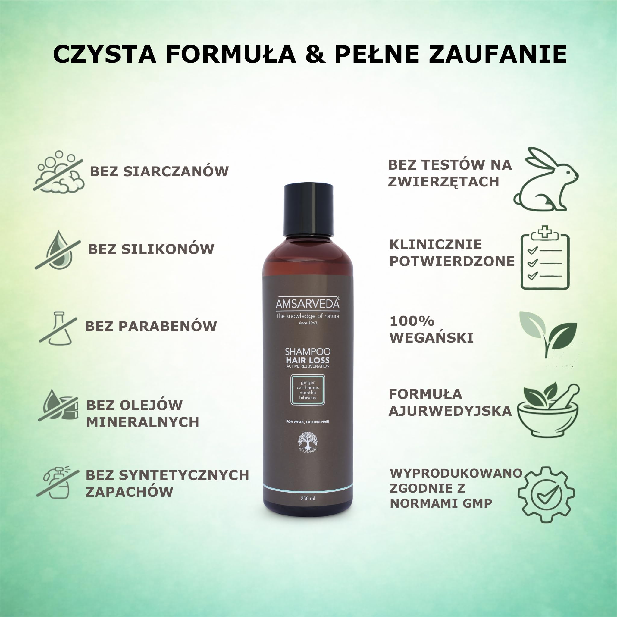 Amsarveda Hair Loss Active Rejuvenation Shampoo- 100% Naturalny, Ajurwedyjski, Głębokie Oczyszczanie, Odżywianie, Bez Parabenów i Sulphate 250ml