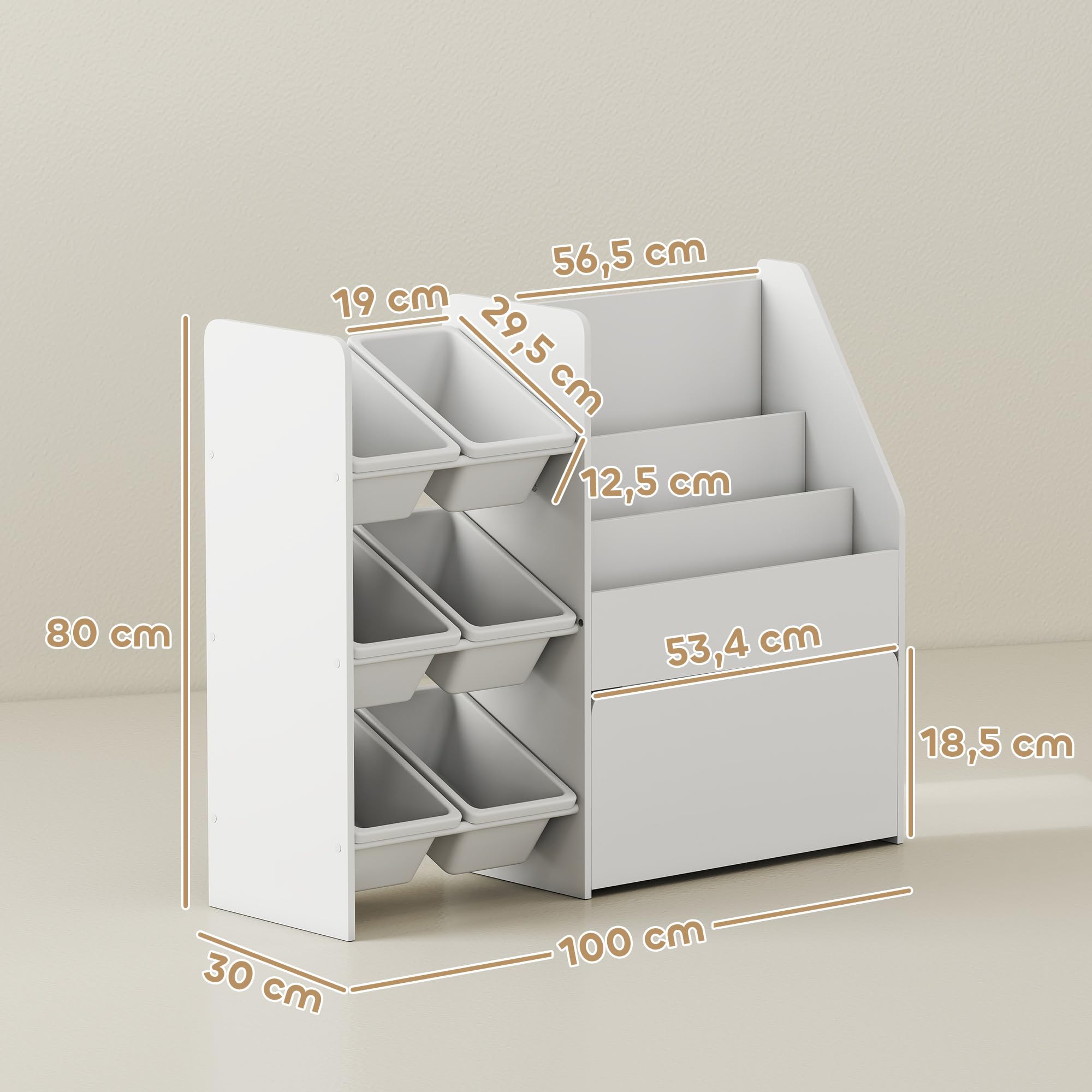 AIYAPLAY Meuble Rangement Enfant, Rangement Jouet Enfant, 6 bacs Amovibles et Grand Coffre à roulettes, bibliothèque à 3 Niveaux pour Chambre ou Salle de Jeux, Blanc