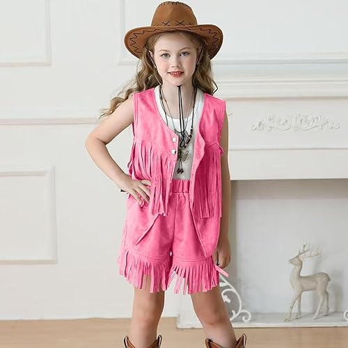 Girls Faux Suede Tassel Shorts Western Flowy Fringe Hippie Shorts with Pockets Summer Casual Trendy Cowgirl Outfits(Hot Pink,5-6 Years)