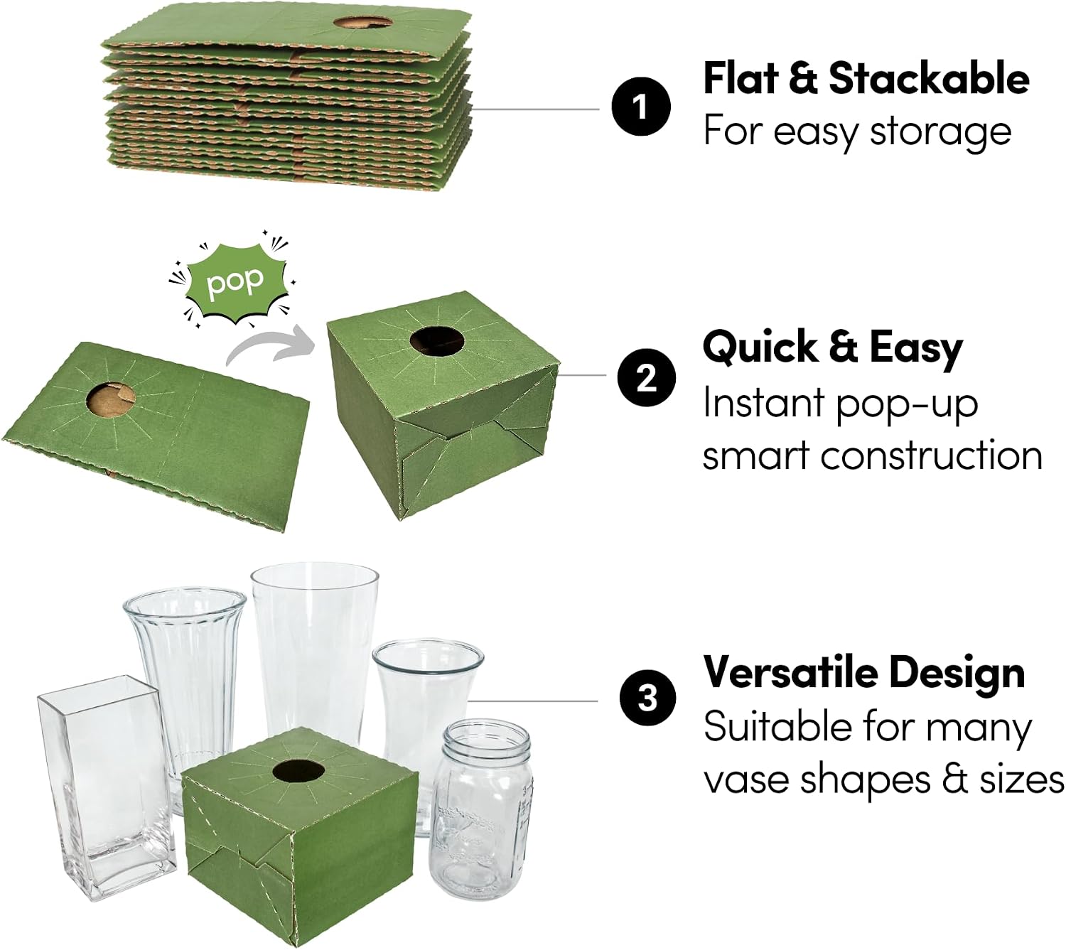 Holiday Designs - Pop-Up Florist Delivery Box, Heavy Duty Corrugated Cardboard Vase Boxes for Secure Floral Arrangements During Transport, 6.5 x 6.5 x 4.5 (Green, Medium: Case of 50)