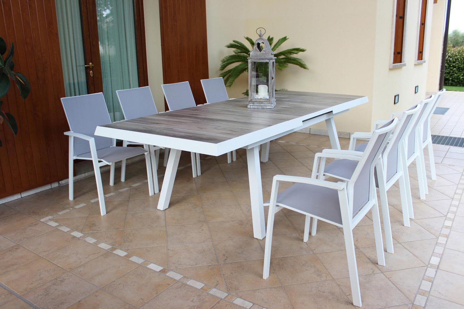 Tavolo allungabile da esterno giardino in alluminio con piano in gres effetto legno 205/265 cm Lincoln - White