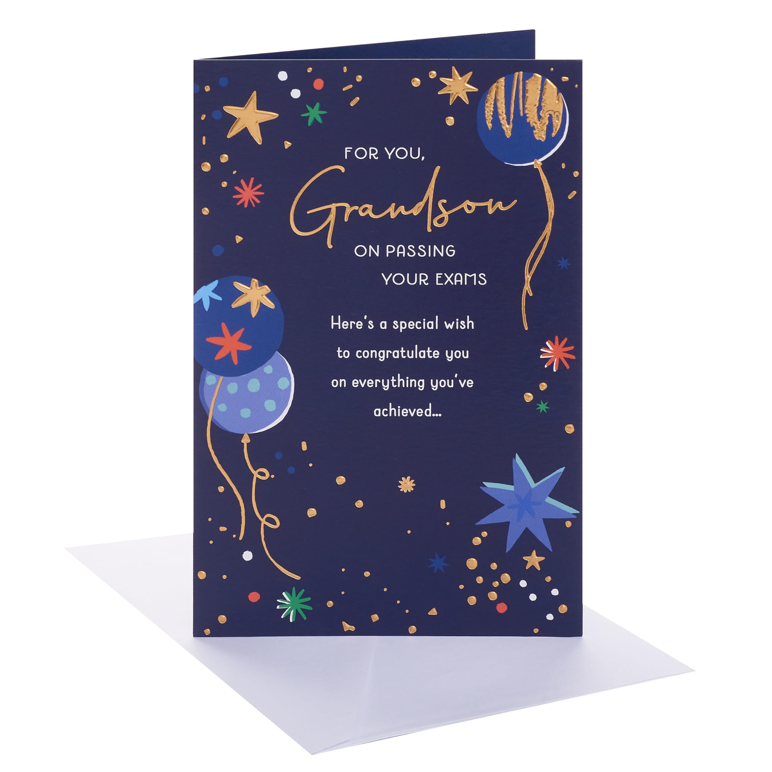 UK Greetings | Congratulations Card for Passing Exams Grandson | Congratulations/Proud of You | Him, Boys, Men | Balloons and Stars Design | With Envelope | 13.7 x 21 cm