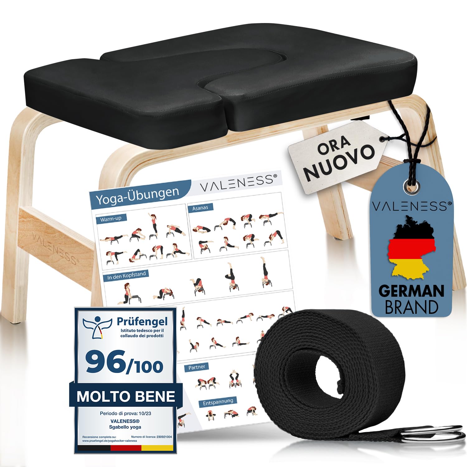 VALENESS® Sgabello Yoga per Verticali - Sgabello Yoga Headstand con Fascia, Poster e Blocco Esercizi - Seduta Yoga per Esercizi Headstand in Legno Massiccio - Attrezzatura e Accessori Yoga a Casa