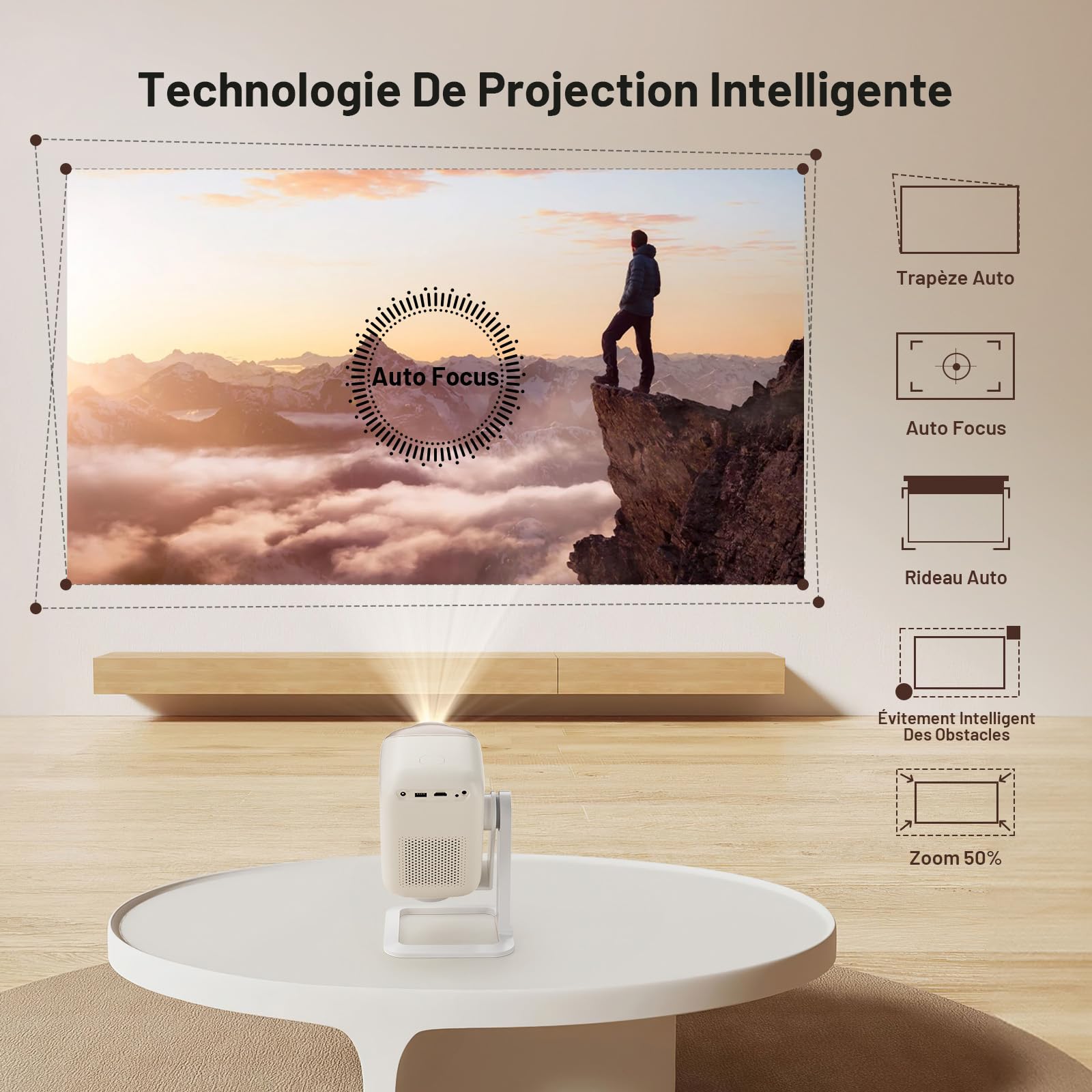 Vidéoprojecteur Portable avec Android OS, Projecteur Natif 1080P Supporté 4K, WiFi 6 Bluetooth 5.2 | 450 ANSI Auto Focus/Keystone, 360°Rotating Retroprojecteur pour PS5/Phone/Extérieur/Home Cinéma