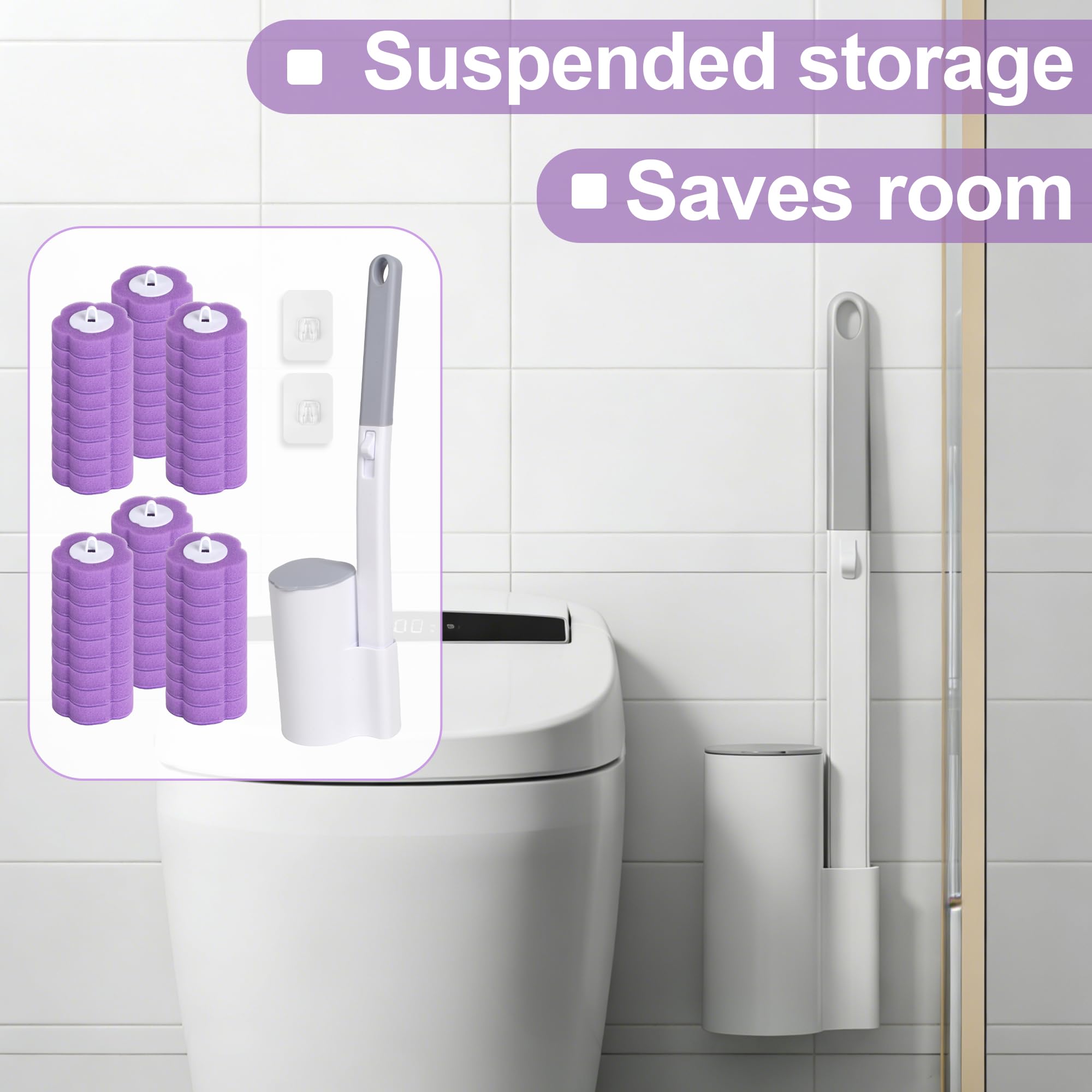 Monouso Scopino Bagno WC, confezione da 2 con manico estensibile e supporto. Spazzolone Bagno WC, fornito con 54 ricariche per la pulizia di bagni, vasche da bagno, lavandini e pavimenti (Viola)