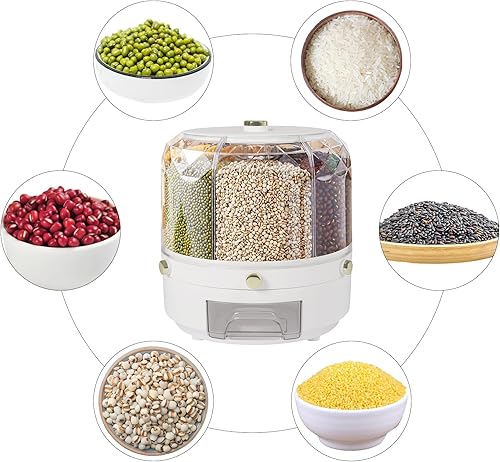 Miniatura 4 de Dispensador de arroz giratorio de 360, almacenamiento de contenedores de arroz de 13.2 libras, dispensador de alimentos secos con soporte de 6