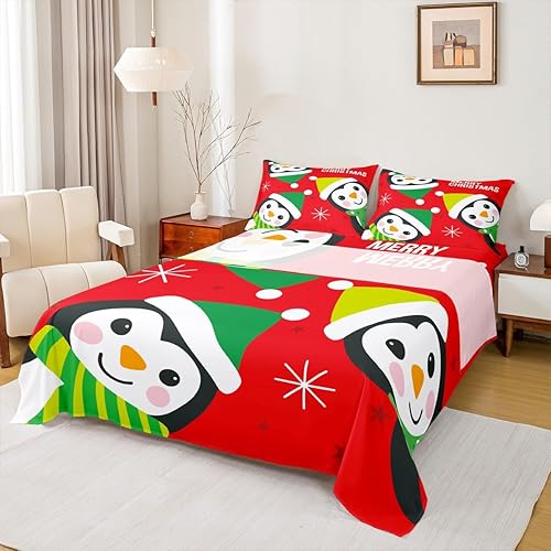Miniatura 1 de Juego de sábanas de Feliz Navidad, tamaño King, diseño de pingüinos de dibujos animados, animales árticos, decoración de habitación de niños y
