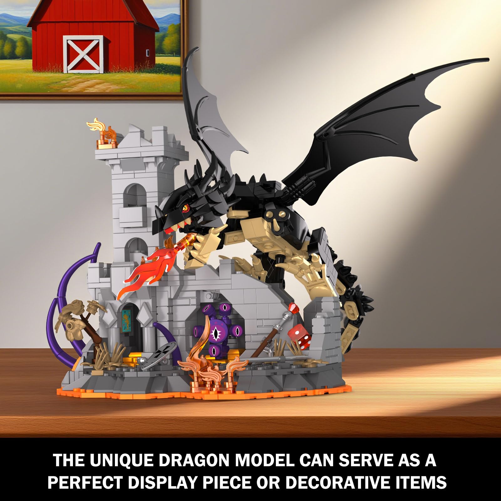Set di costruzione del castello Dragonfire, kit modello di fortezza medievale, set di mattoncini per costruire draghi di fuoco per adulti e bambini, decorazione per l'ufficio di casa (919 pezzi)