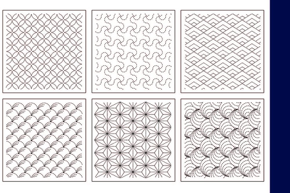 amazon-com-sashiko-fabric-pre-printed-panel-6-block-traditional-design-sampler-indigo-kona-cotton-arts-crafts-sewing