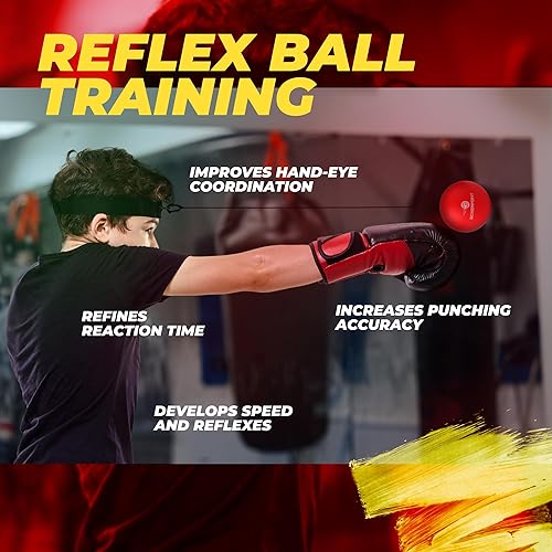 Miniatura 7 de Pelota de reflejos de boxeo para adultos y niños - Bolas de reflejos reactivas en cuerda con diadema, bolsa de transporte y vendas para las manos