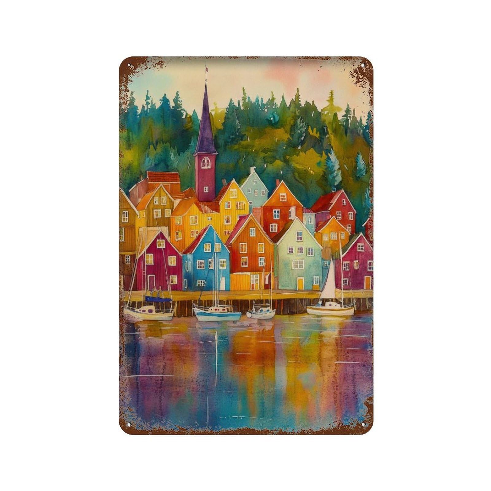 xiaoxiaoshen Bergen Travel Norway Scandinavian City Bryggen Harbour 0 Wall Decor Art Metal Tin Poster Modern Home Decor Art Home Bar Shop Decorations Vintage Sign 30x20cm