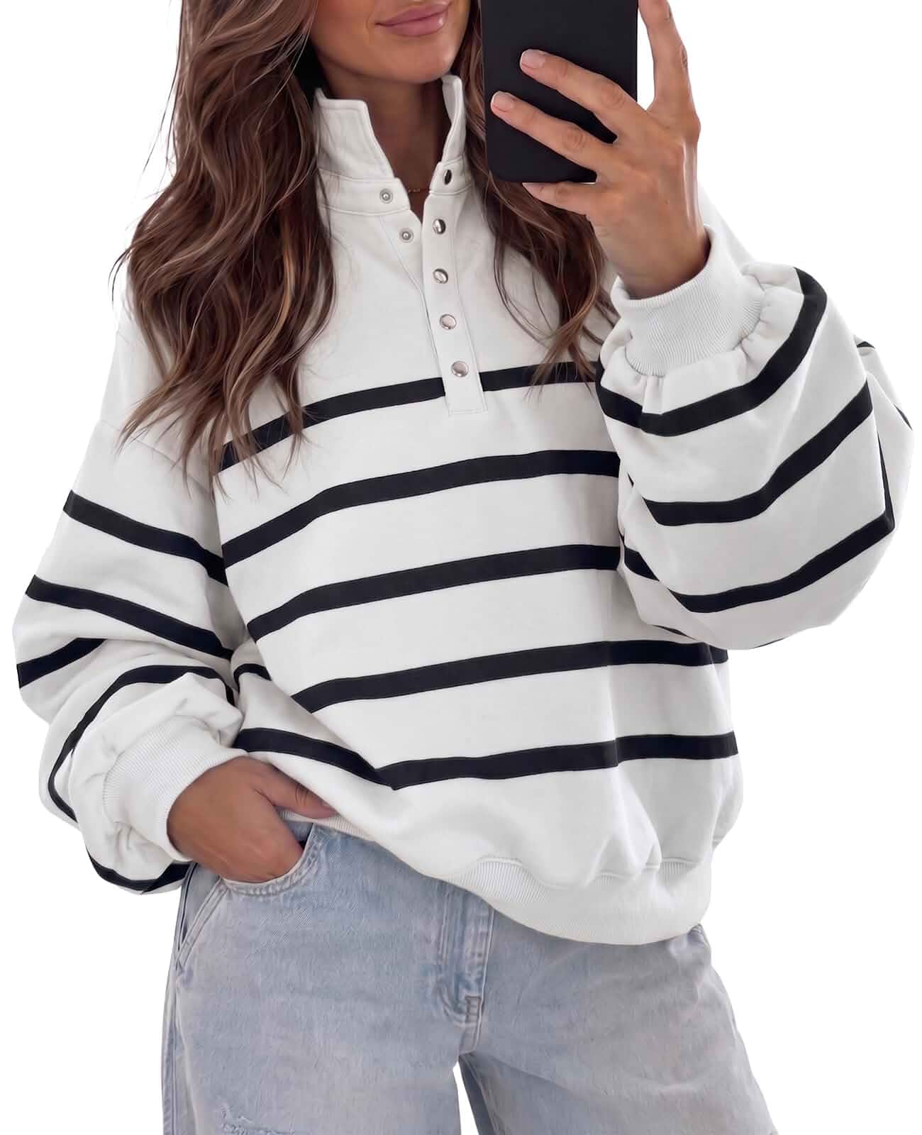 Fisoew Womens Striped Oversized Sweatshirt Casual Long Sleeve Pullover Top Snap Stand Collar, Henley Neck, Latern Sleeve, Button Down, Trendy, Fall Outfit 2026