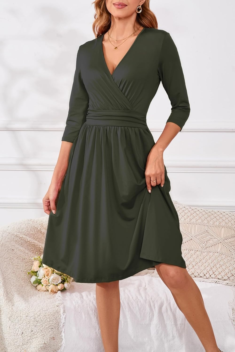 Women's Casual Dresses Vintage Wrap V-Neck 3/4 Sleeve Fit and Flare Midi Dress - Image 4