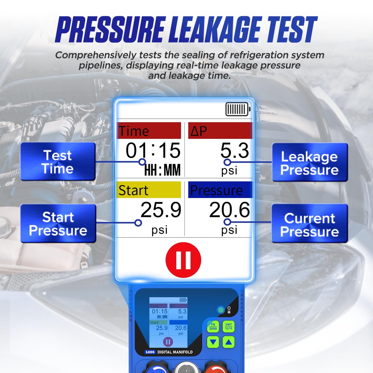 Refrigeration Digital Manifold HVAC Gauge Kit, Vacuum Pressure Temperature Leakage Tester Set for Testing Maintaining Air-Conditioner, Refrigerator - with Test Clip & Pipe (L205)