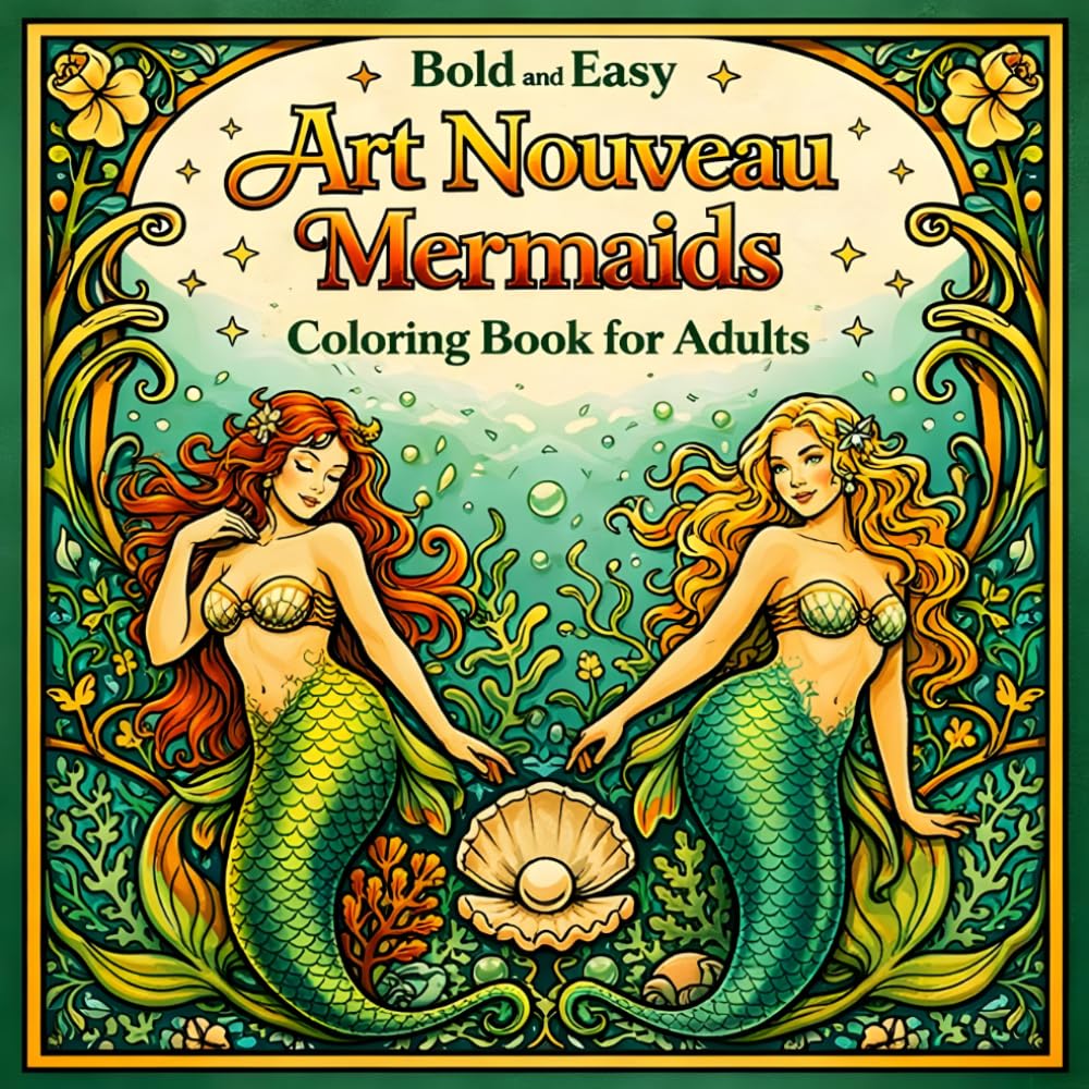 Bold and Easy Art Nouveau Mermaids: Coloring Book for Adults with Ocean Fantasy Designs and Decorative Elements