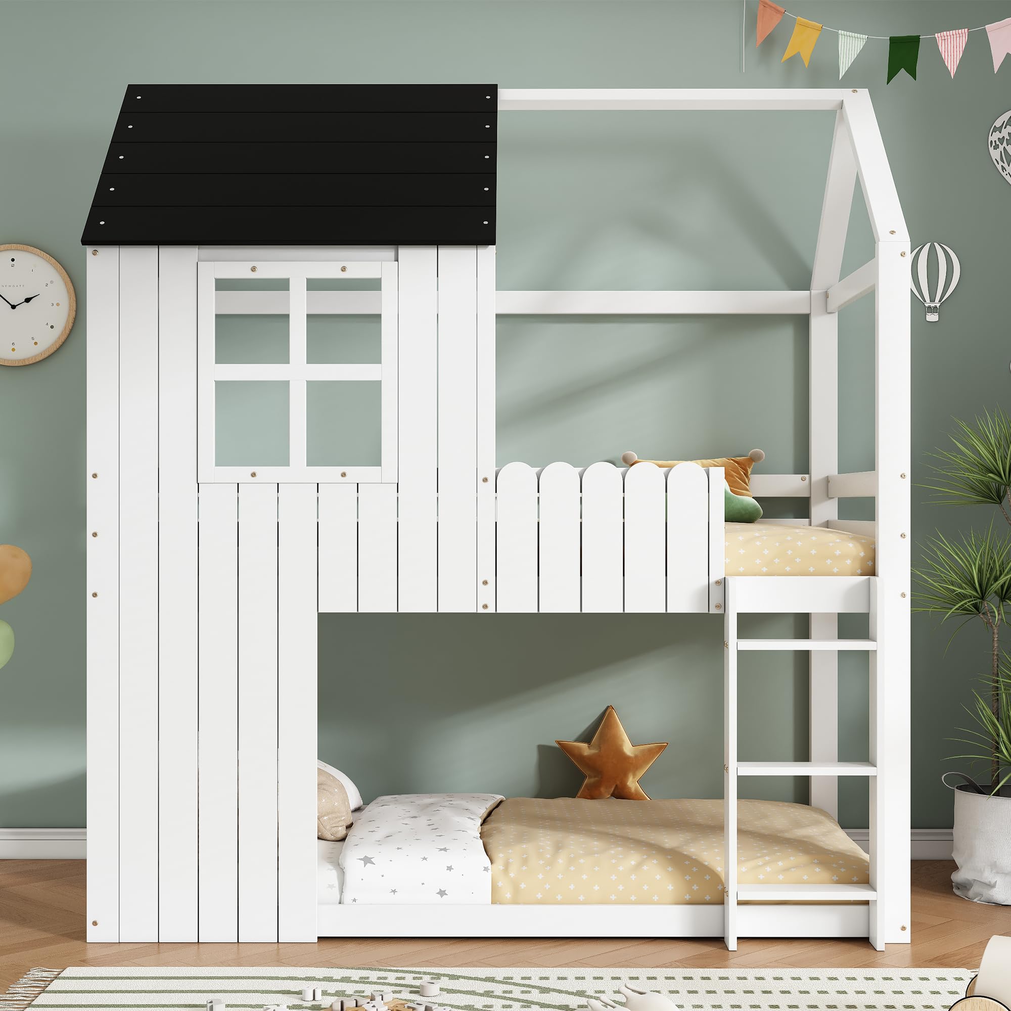 Lit Mezzanine 90x200 avec Couchage en Hauteur Lit Une Place pour Utilisation Régulière Bed avec Support à Lattes Réparti avec Barrière de Sécurité avec Échelle sans Matelas Appartement