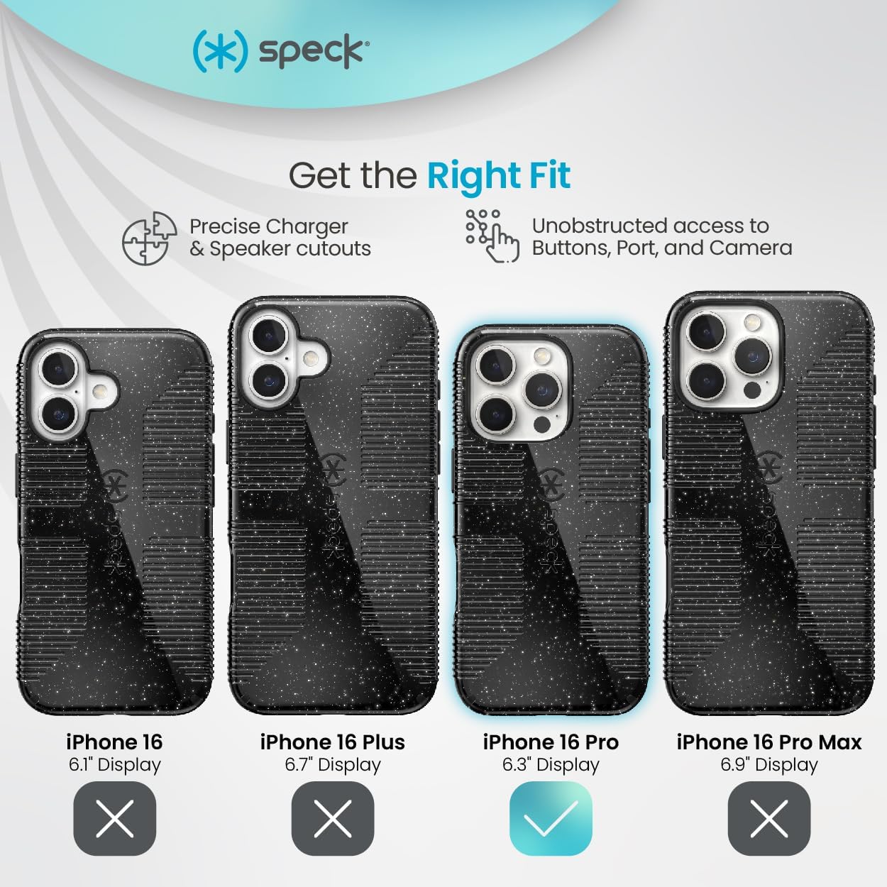 Speck CandyShell Grip Case iPhone 16 Pro - Slim MagSafe - Black Glitter/Steel Black