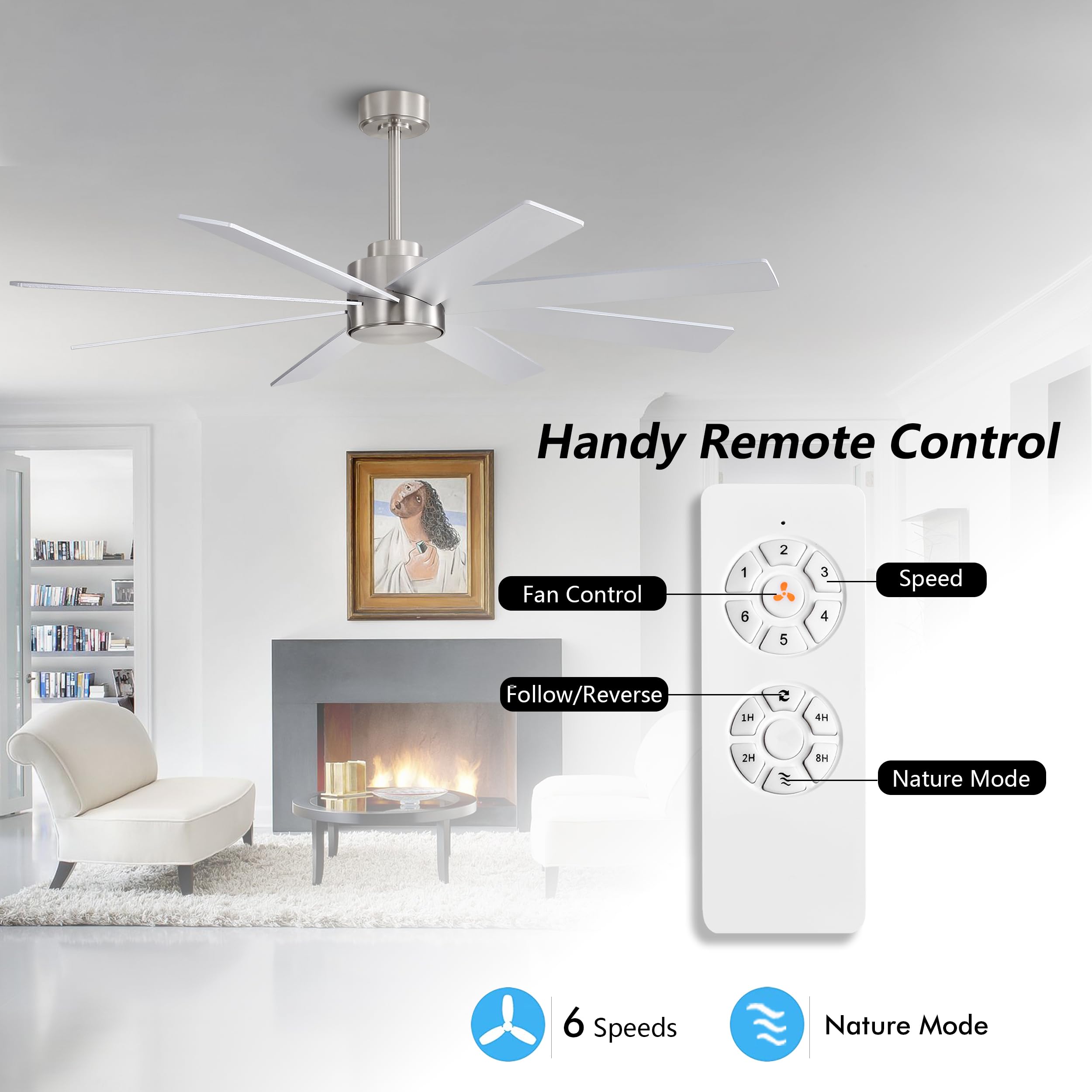 WINGBO 72 Large DC Ceiling Fans without Lights 3 Downrods 8 Plywood Blades 6-Speeds Reversible DC Motor Indoor — view 2