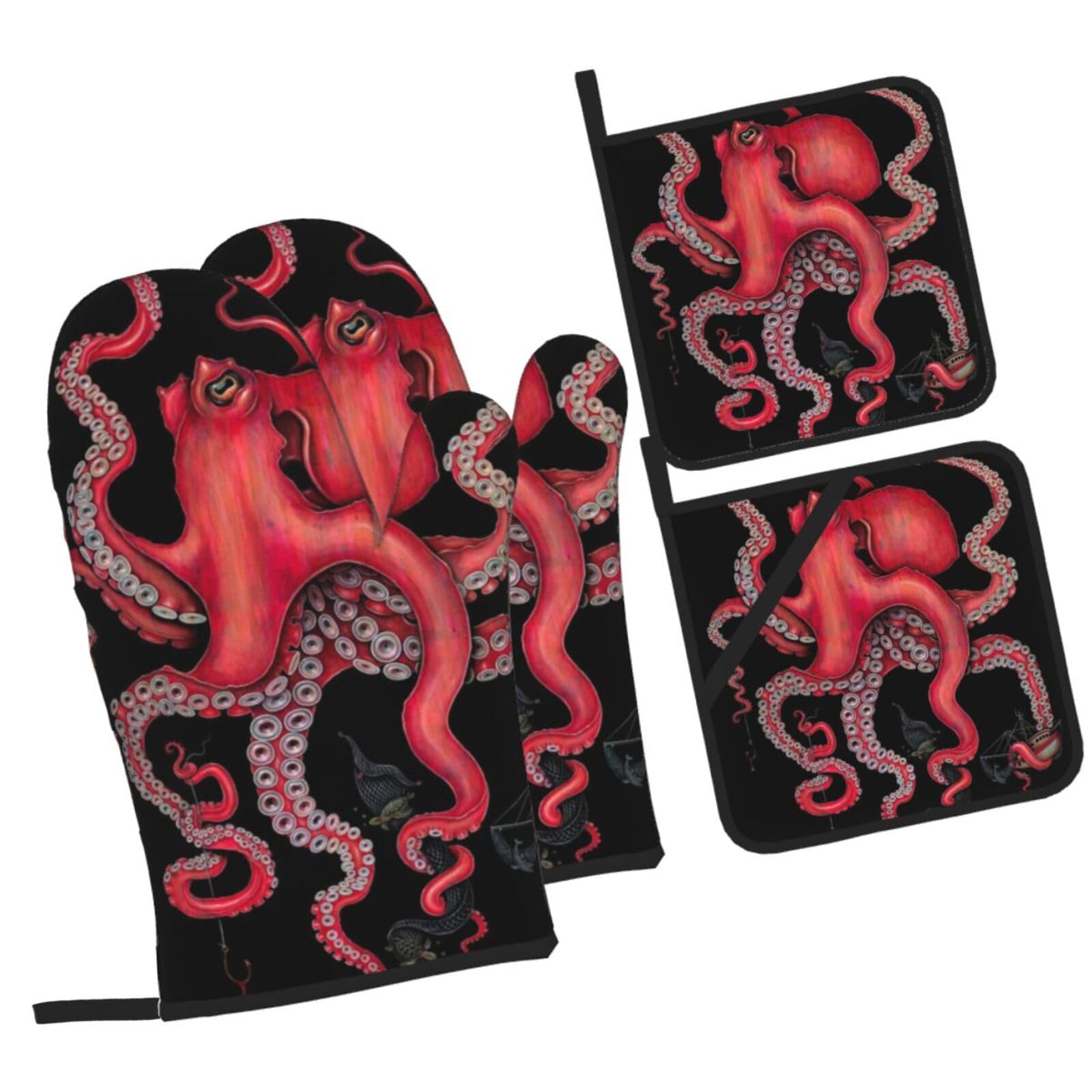 Octopus Intertwined Printed Oven Mitts and Pot Holders Heat Resistant Set of 4 Pcs, Modern Kitchen Gloves & Potholders for Cooking Baking Grilling