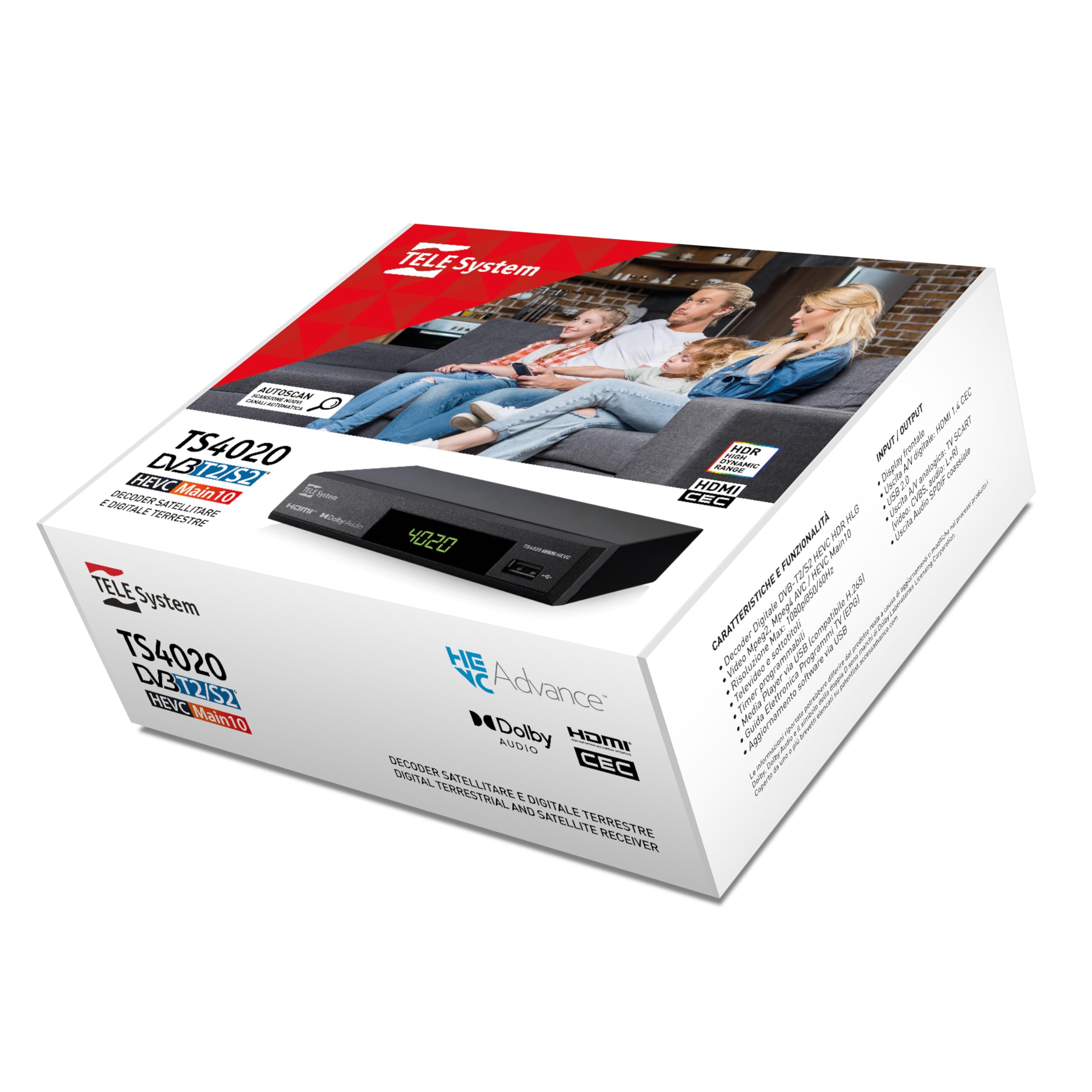 TELE System TS4020 T2S2HEVC COMBO Decodificador digital terrestre y por satélite DVB-T2/S2 HEVC HD HDR10 HLG con pantalla