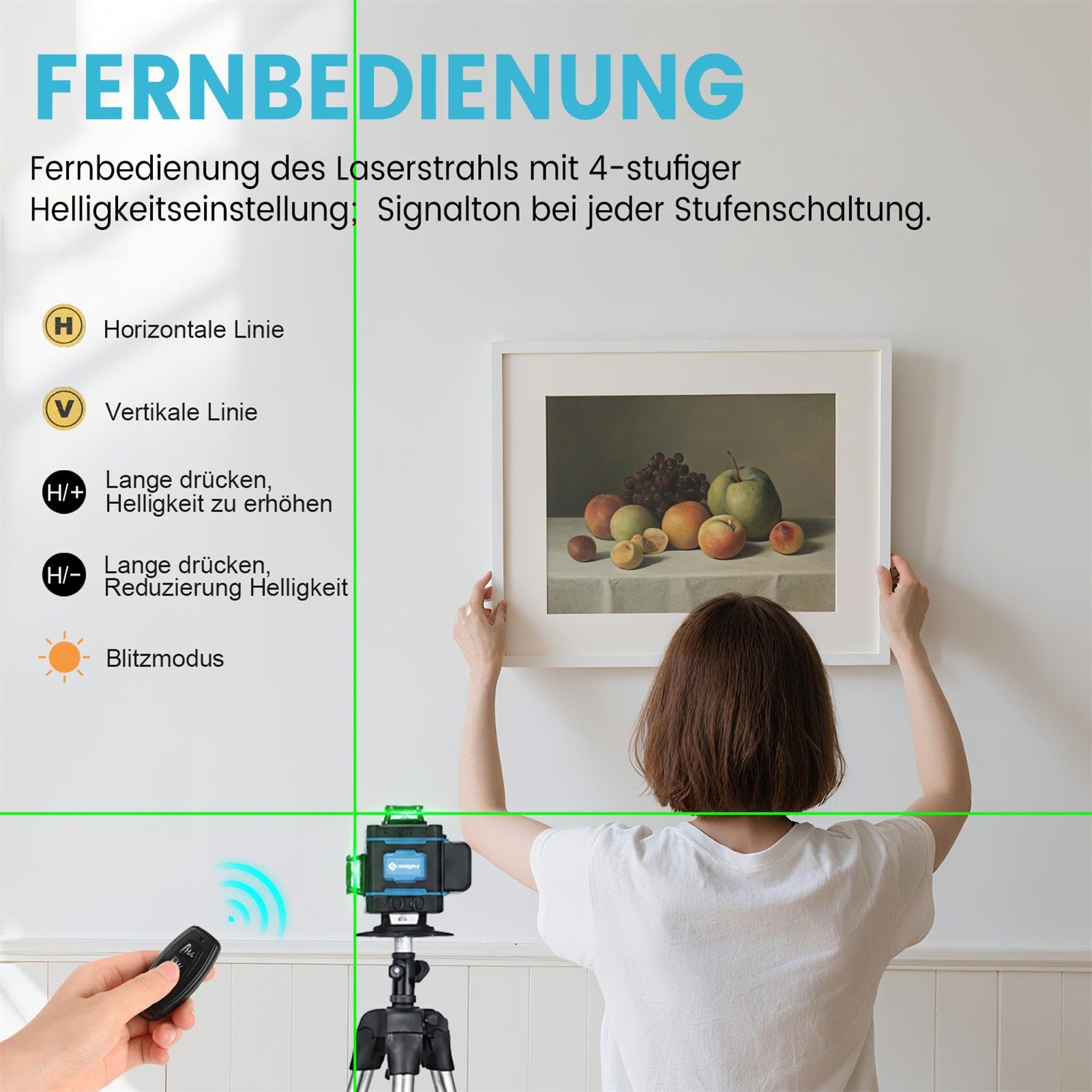 Kreuzlinienlaser mit Stativ, 4 x 360 ° Grün Laser Wasserwaage Selbstnivellierend 4D 16 Linienlaser für Baustelle Kreuzlaser Mit 1.5M Stativ, 6000mAh Wiederaufladbare Batterien, Fernbedienung