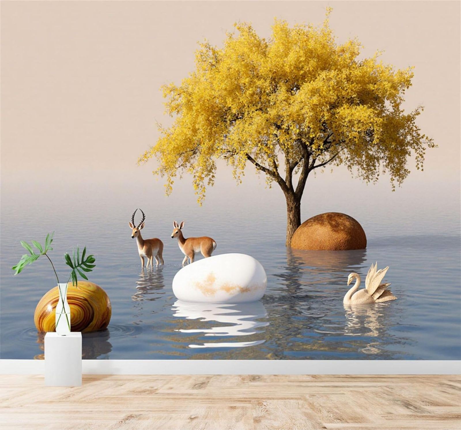 XLMING Golden Trees Deer Swans Lakes Rocks Scenery 3D Wallpaper Silky Texture Home Study Office Grey Dining Room Sofa Bedroom Living Room TV Backdrop-300cm×210cm
