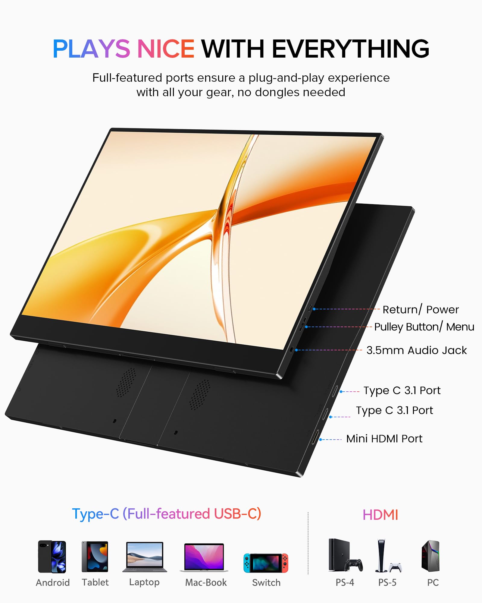 EVICIV Monitor Portatile 15,6 Pollici 125% sRGB 3000:1 Schermo Dispaly IPS 1080P FHD Dual USB C, Eye Care, Schermo Opaco, per PC/Laptop/Fonini/Console di Gioco, Montaggio VESA