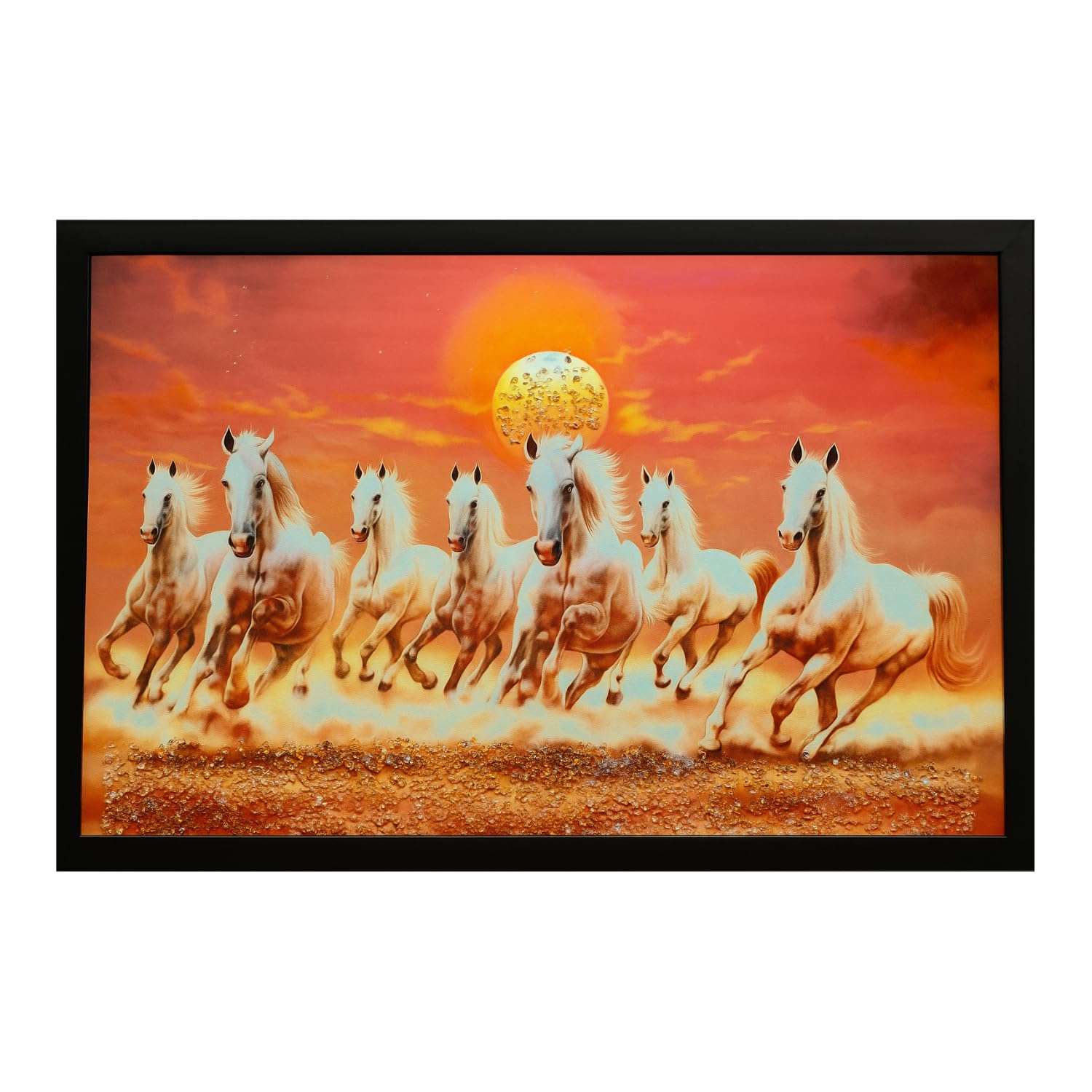 7 Running Seven Horse Crystal Painting with Frame | Decorative Wall Art for Home & Office | MDF Board with Durable Fiber Frame