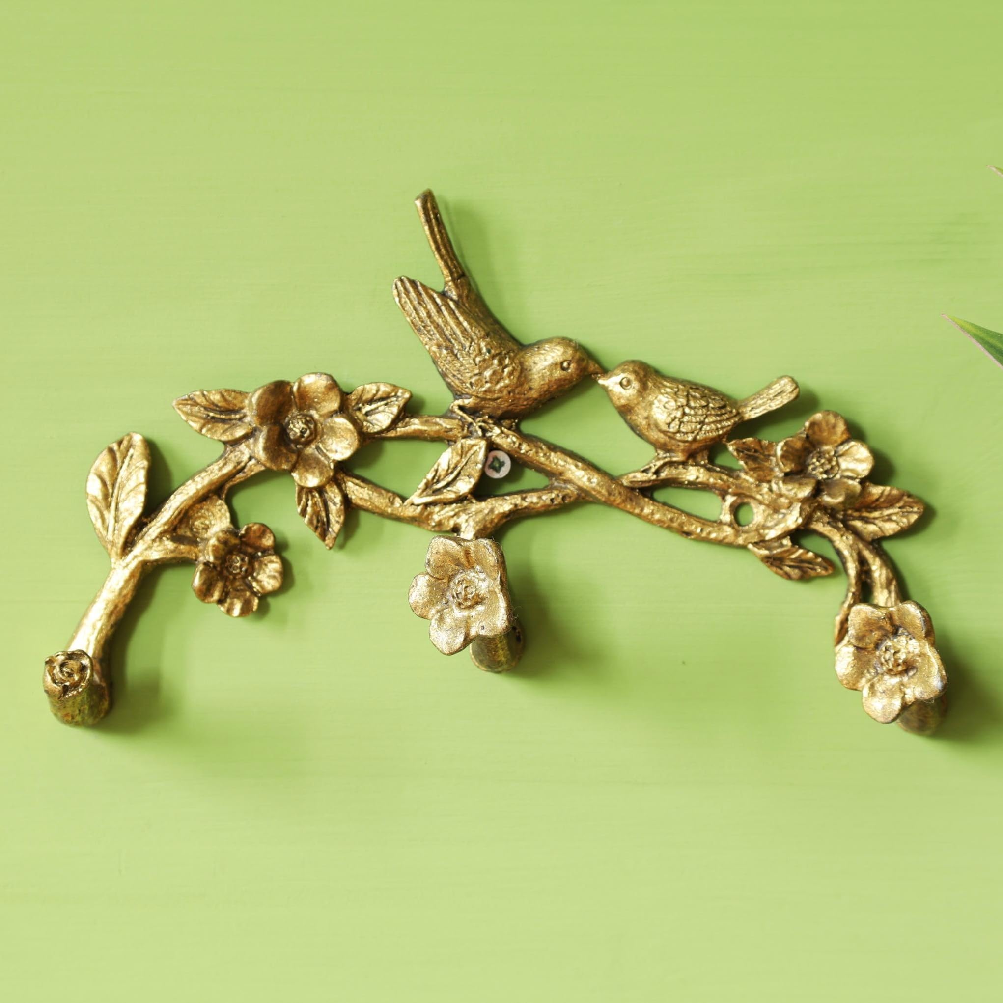 Fyne-Finds Gold Metal Wall Birds on Floral Branch 3 Hooks Coat Key Hat Hanger Rack Wall Mounted