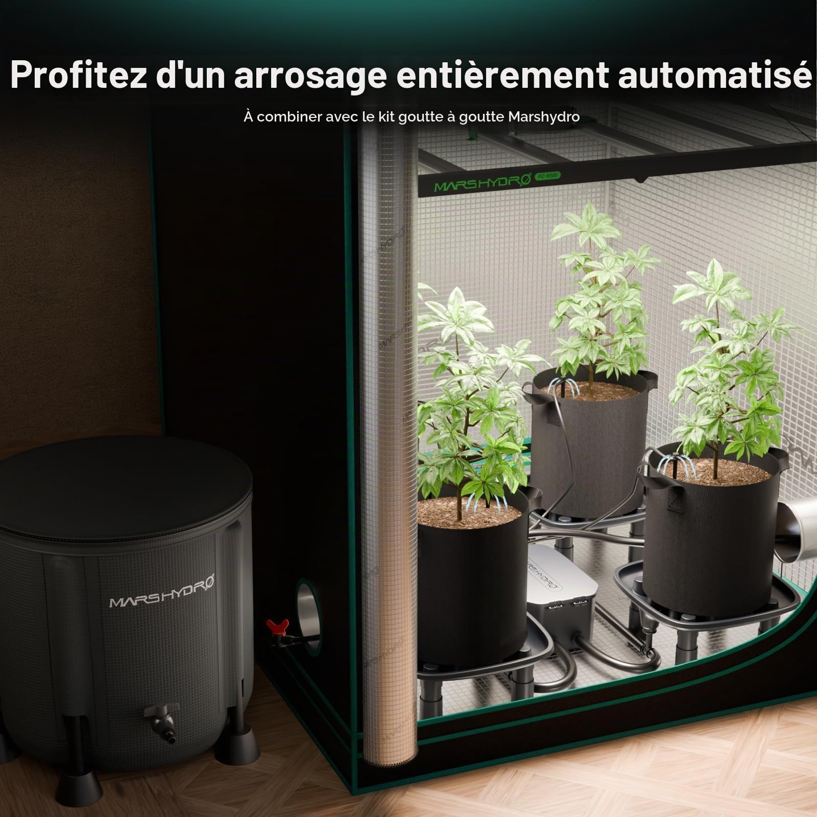 MARS HYDRO Système de drainage automatique - 4 bols + 1 pompe + 4 sacs de plantation (18,9 l) - Pour plantes en pot