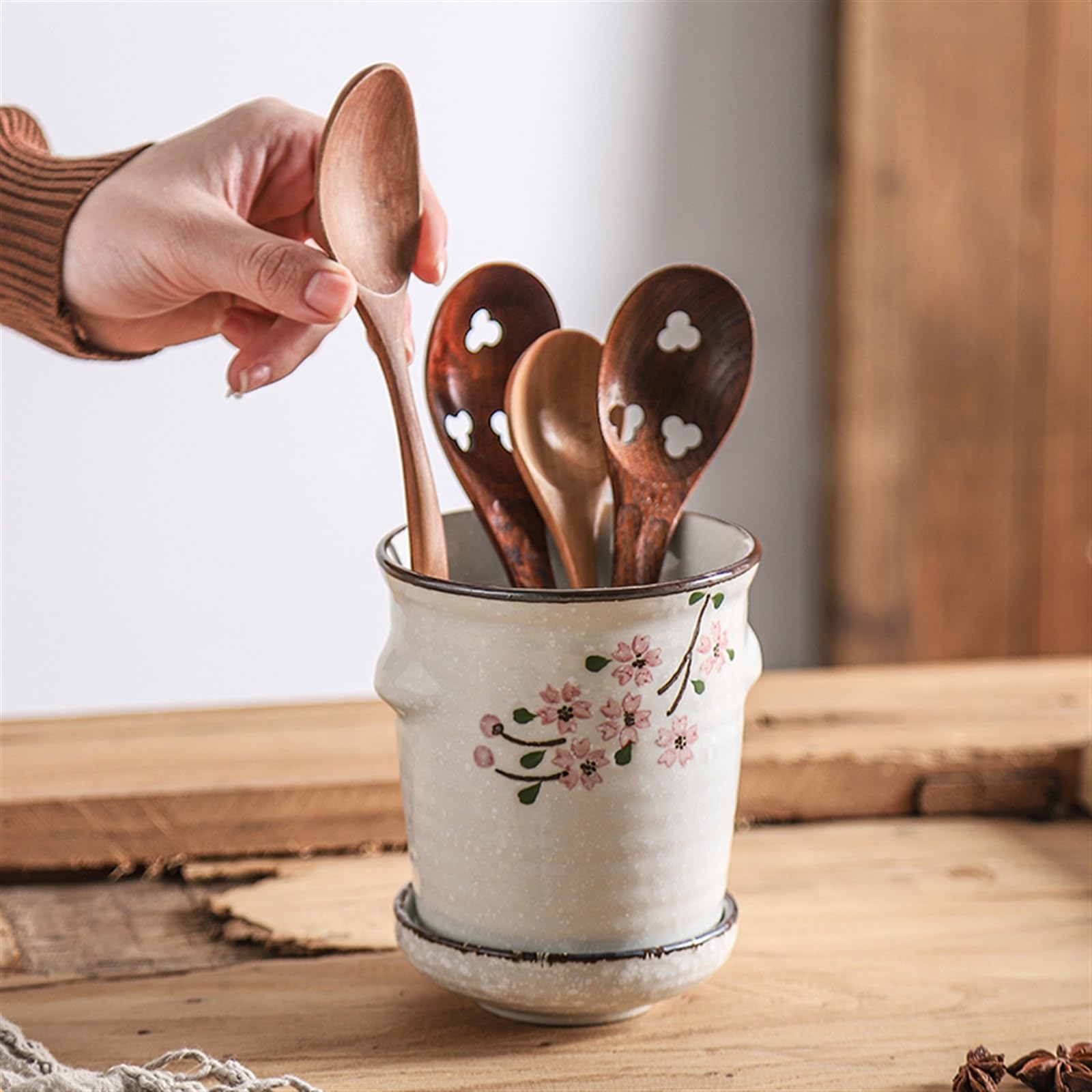 Élégant Égouttoir à Couverts En Céramique - Support Ustensiles De Cuisine Avec Bac De Vidange, Pot à Ustensiles Style Japonais Pour Comptoir