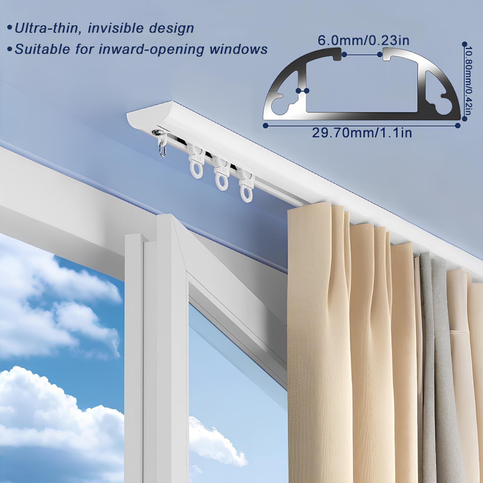 Sistema di binari per Tenda da Doccia per Camper - Set di aste in Alluminio Bianco/Nero con Accessori per l'installazione e Tappi terminali - 145 cm (4,75 Piedi) - Perfetto per Camper e bagn
