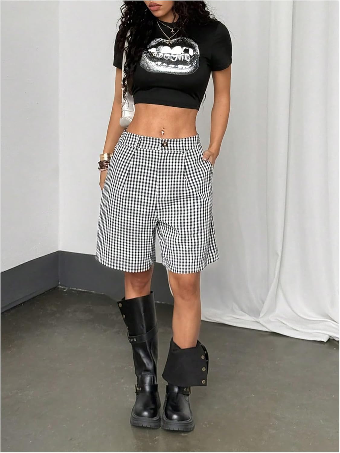 MakeMeChic Women's Gingham Print Shorts Wide Leg Pleated Summer Y2K Shorts with Pocket - Image 5