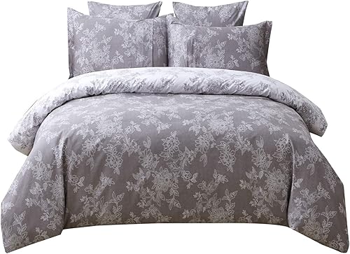 Miniatura 3 de FADFAY Juego de funda de edredón reversible, tamaño matrimonial, diseño floral vintage, 100% algodón, ultra suave, gris y blanco, con cierre de