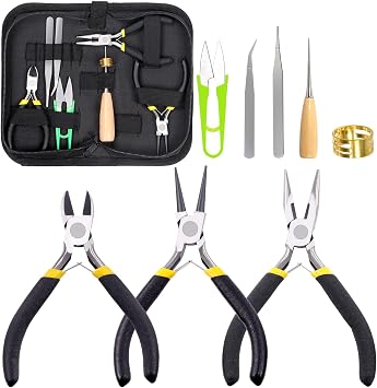 Glarks 8Pcs Jewelry Making Pliers Tools Kit Needle Nose Pliers, Wire Cutters, Wooden Awl, Tweezers, Thimble Ring, U-Shaped Scissors for Repair and Beading