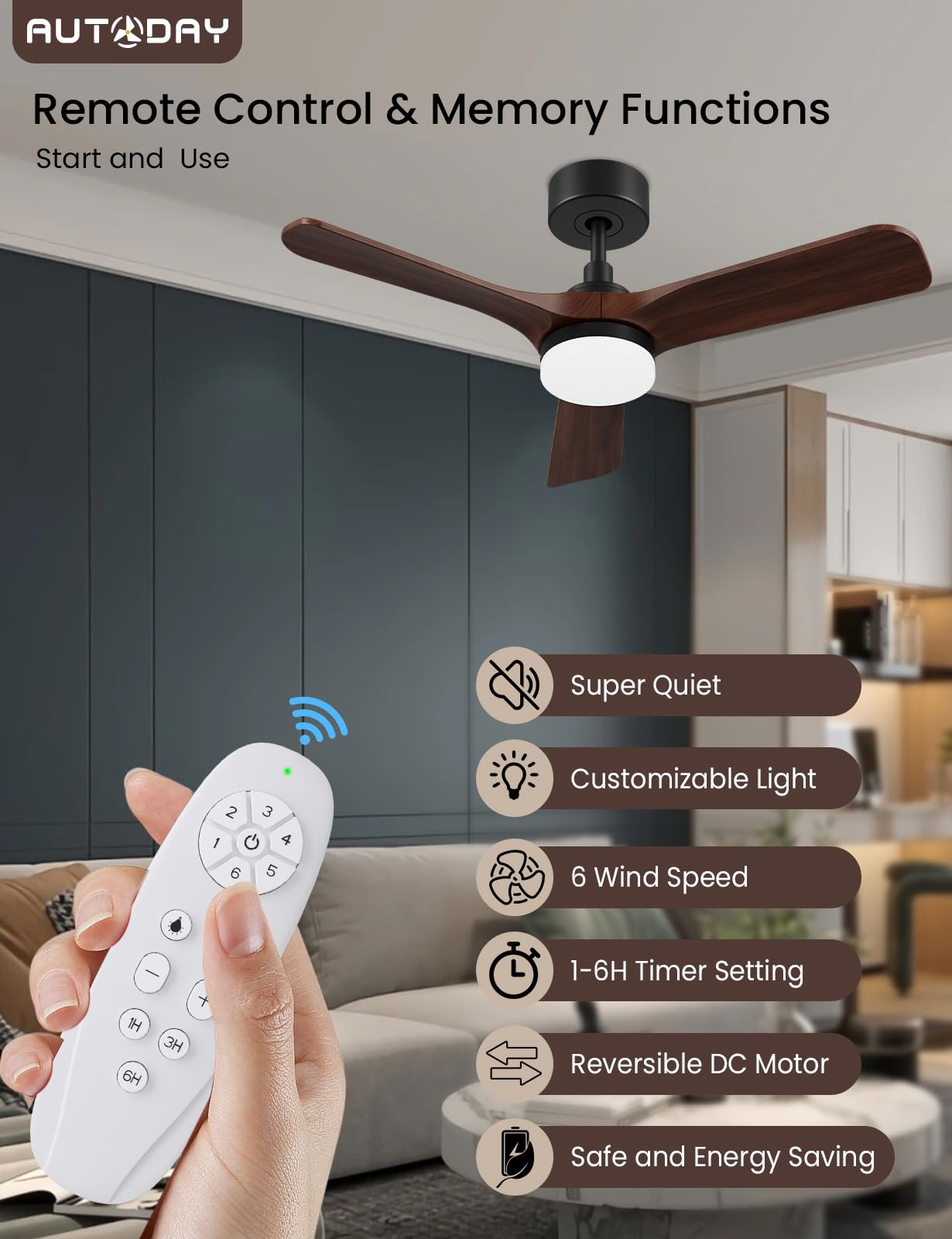 AUTODAY Legno Ventilatore da soffitto con luce, 30W motore DC ultra silenzioso,diametro 90cm con 3 pale reversibili Telecomando con funzione di memoria 6 velocità dimmerabile ventilatore soffitto