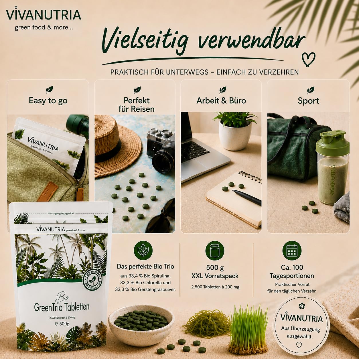 VivaNutria Bio Green Trio Presslinge 500g | aus kontrolliert biologischem Anbau I 2500 Tabletten aus Spirulina Chlorella & Gerstengras I ohne Zusätze I Rohkostqualität I vegan
