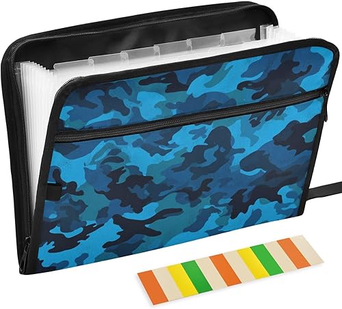 Carpeta de archivo expansible de camuflaje militar, azul oscuro, cian, negro, camuflaje, carpeta de archivo de acordeón tamaño carta A4, bolsillos