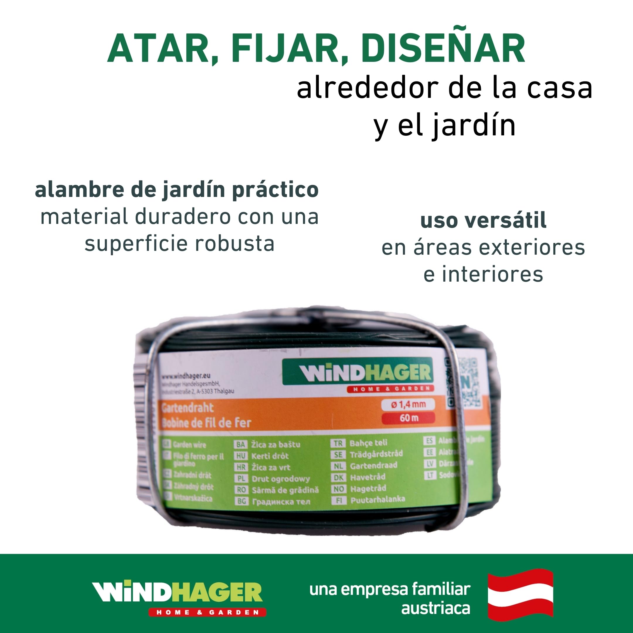 Windhager Alambre para jardín, Alambre para Flores, Alambre para Plantas, Alambre galvanizado y Revestido, Verde, 60 m x 1,4 mm, 06226