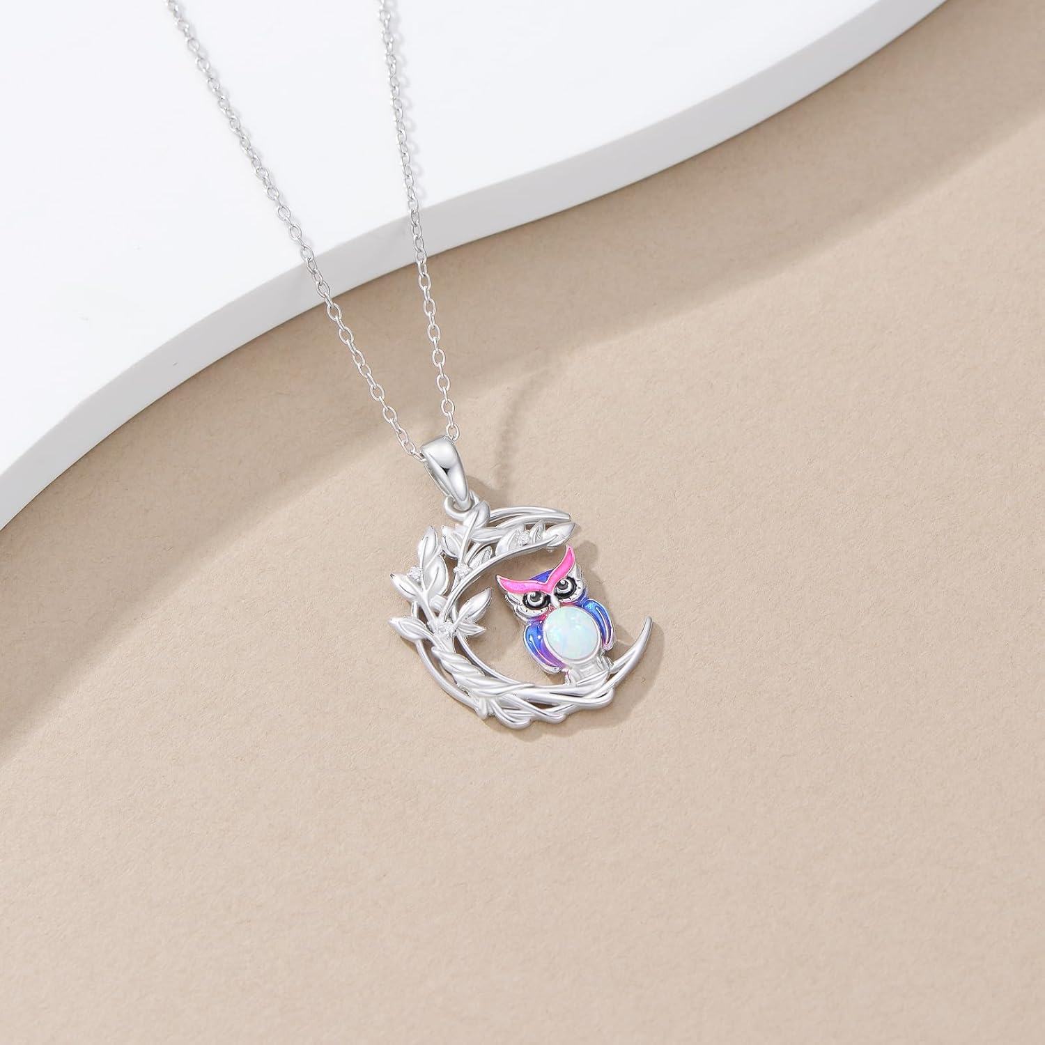 Opal Owl Pendant Necklace 925 Sterling Silver Tree of Life Necklace with Genuine Diamond Cute Owl Jewelry Gift for Mom Wife - Image 4