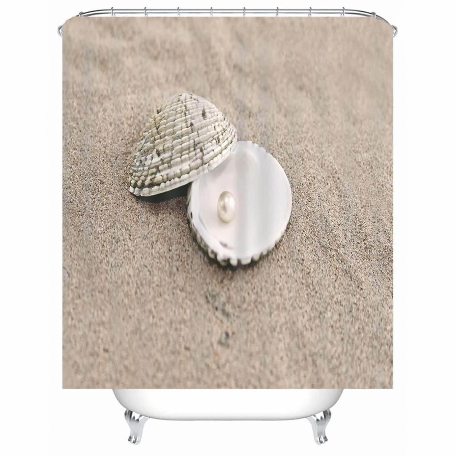 Rideau de douche marron avec anneaux motif coquillage de plage