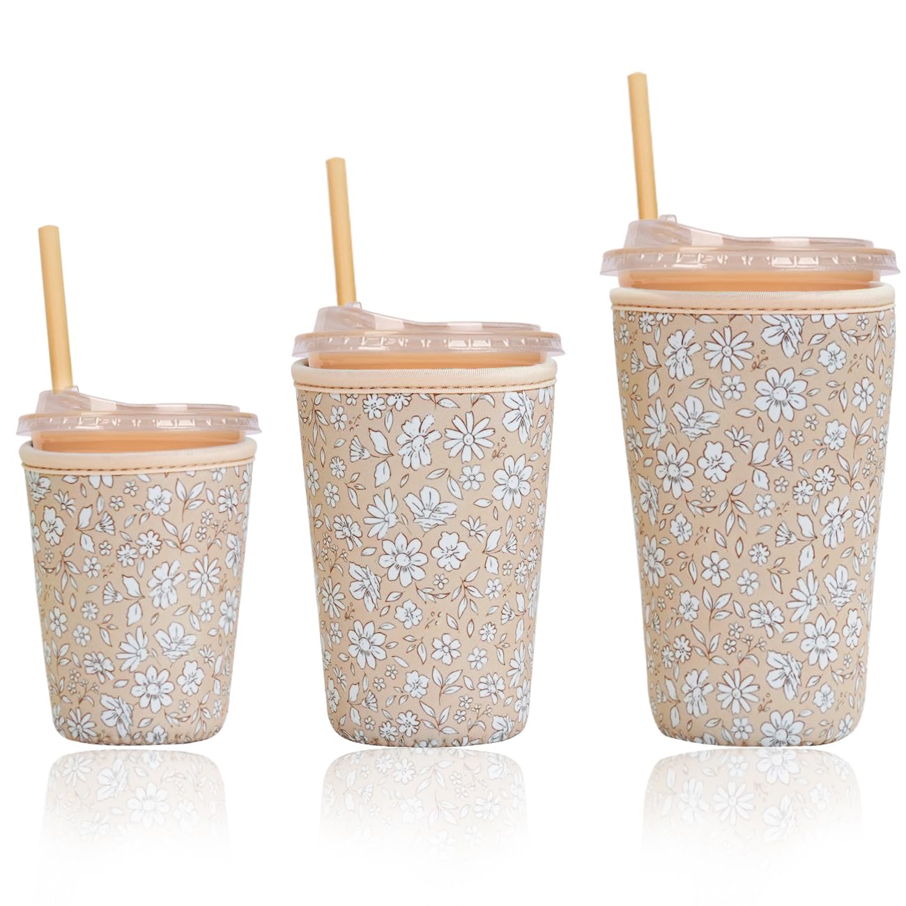 Reusable Insulated Sleeve for Iced Coffee Cup, 3-Pack Coffee Neoprene Drink Sleeve for Cold &amp; Hot Drinks, Beverage Holder for Iced Coffee (Beige Floral)