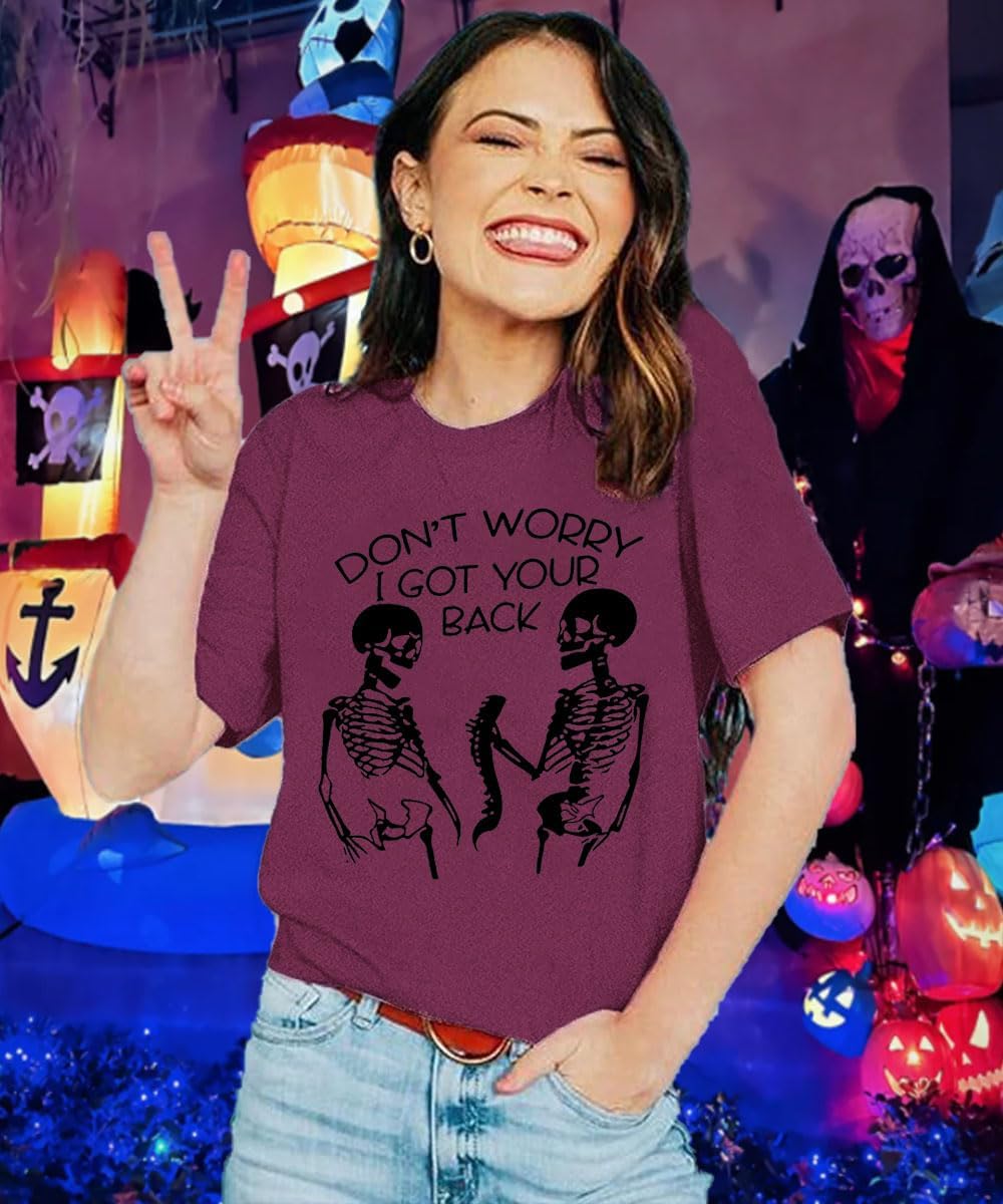 Womens Novelty T Shirts Don't Worry I Got Your Back Funny Halloween Shirts Horror Skull Printed Graphic Tee Tops - Image 6