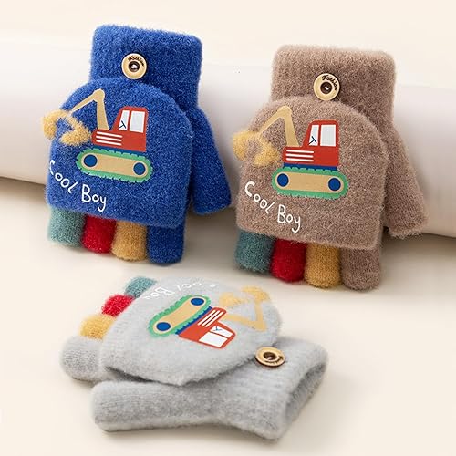 Miniatura 6 de PURFUN Guantes de medio dedo para excavadora de dibujos animados para niños pequeños con parte superior abatible, guantes de punto cálidos de