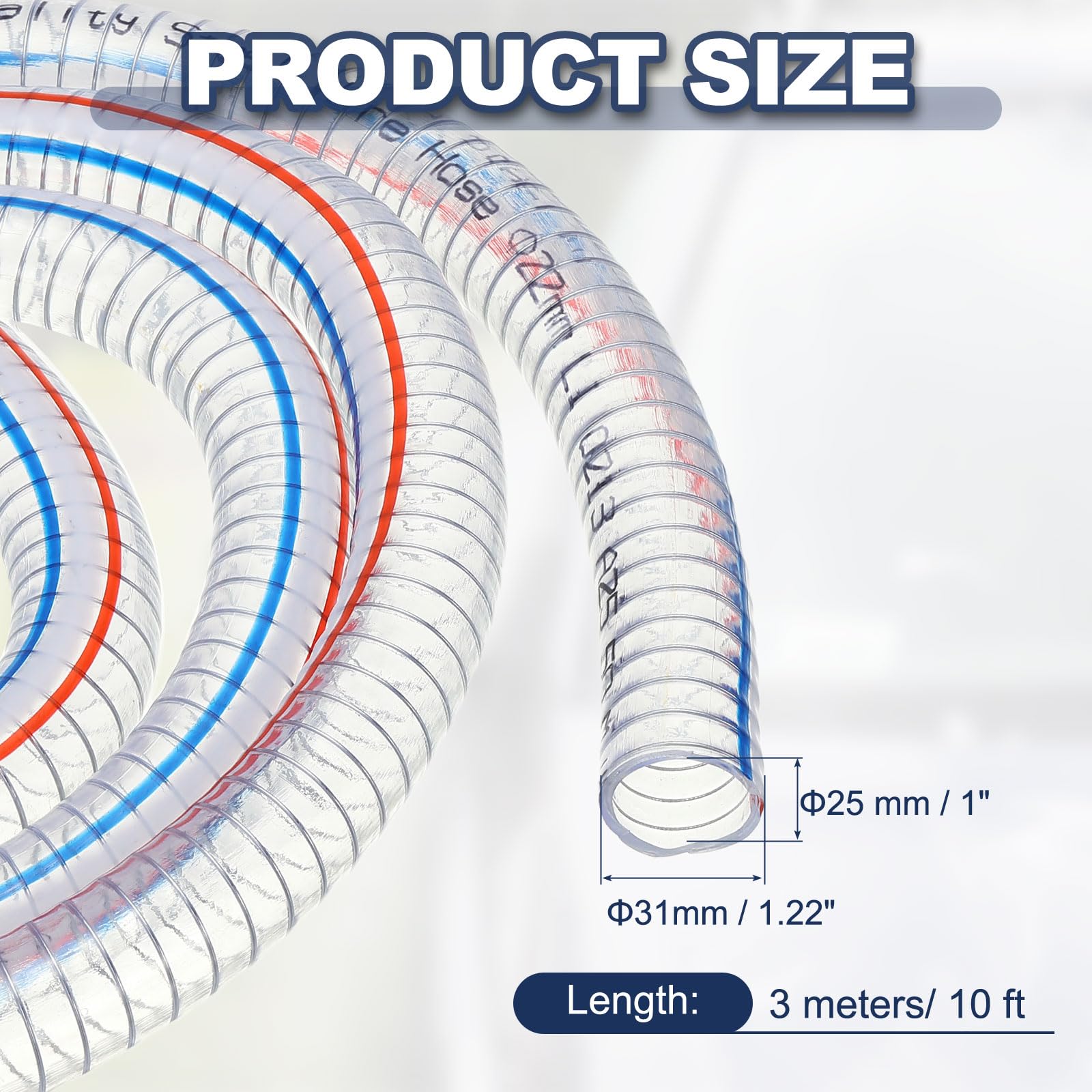 PATIKIL Manguera Reforzada Con Alambre 1" / 25mm(ID) 3 Metros, Tubo Succión PVC Vinilo Resistente A Alta Presión Y Productos Químicos Con Alambre Acero En Espiral, Transparente