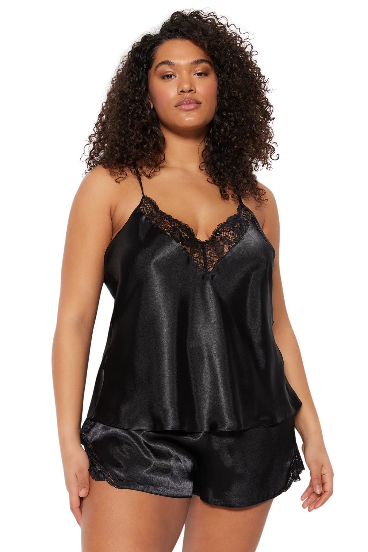 Trendyol Women's Damen Gerade Mit Hosenträgern Freizeitkleidung Regulär Pyjama Übergröße Pajama Set, Black, 48