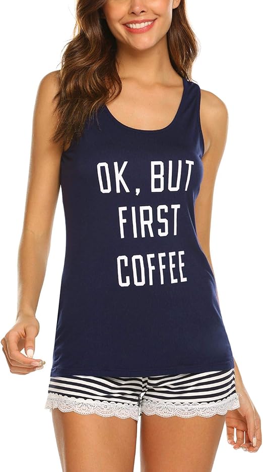 Ekouaer Womens Pajama Sets Sleeveless Tank Top and Shorts Pj Set Lace Hem Sleepwear S-XXXL