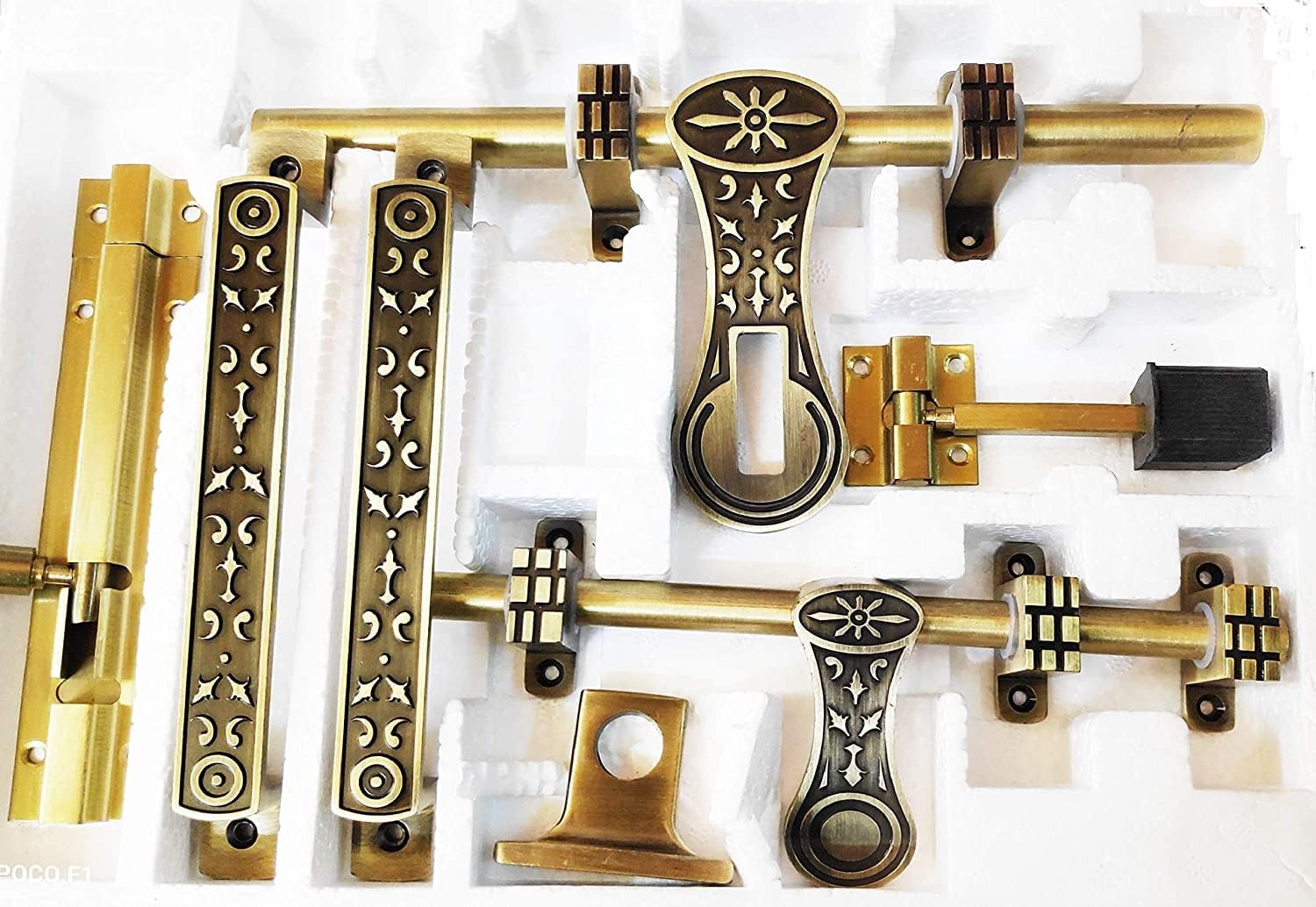SANJARI Super Door Fittings Kit, Door Accessories Kit, (1 Aldrop, 1 Latch, 2 Handles, 1 Tower Bolt and 1 Door Stopper, Finish: Antique Brass) Zinc Door Handle